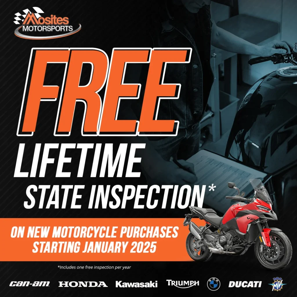 FREE lifetime state inspection per year on new motorcycle purchases in 2025